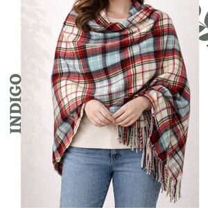 Indigo Tartan Plaid Blanket Scarf Shawl Wrap Fringe